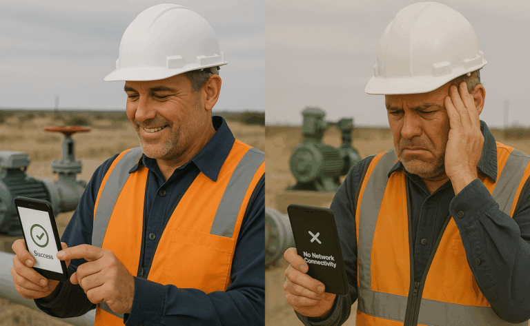 A Field engineer using offline-capable mobile app and a Field engineer unable to use mobile app due to no network connectivity